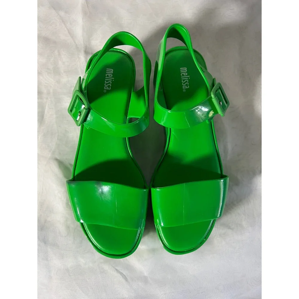 Melissa Platform Jelly Sandals Size 7 Retro Chunky Green PVC Buckle Strap